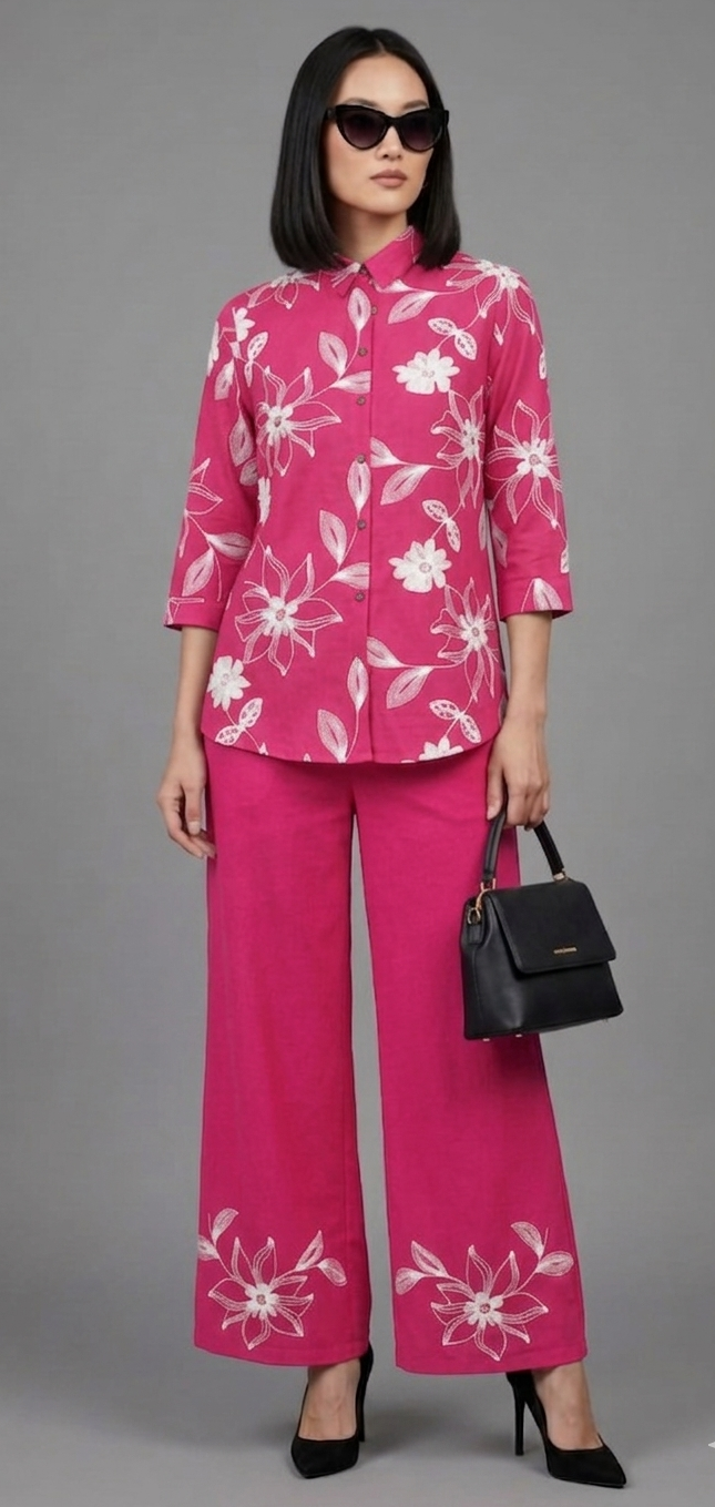Women's Hot Pink Floral Printed Free Size Co-ord Set