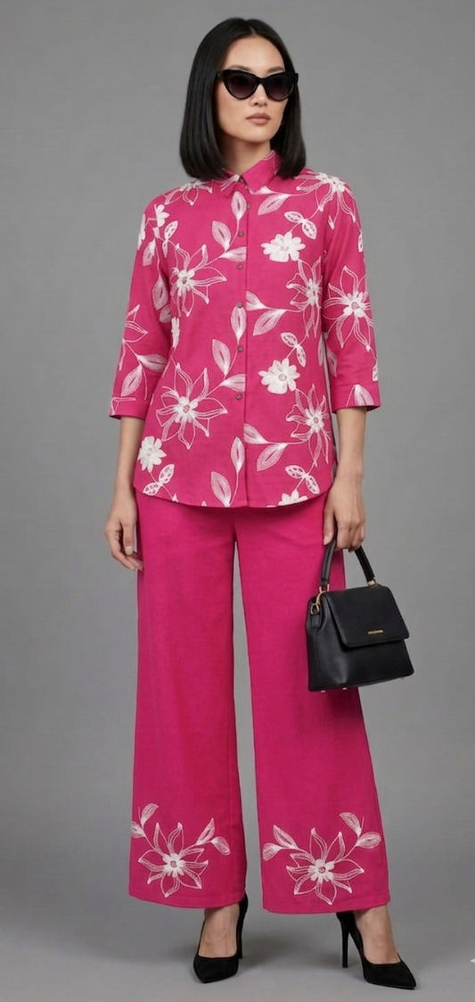 Women's Hot Pink Floral Printed Free Size Co-ord Set