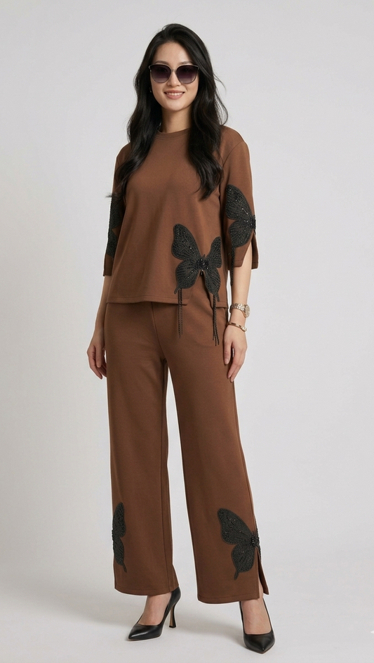 Women's Brown  Butterfly Appliqué Free Size Co-ord Set