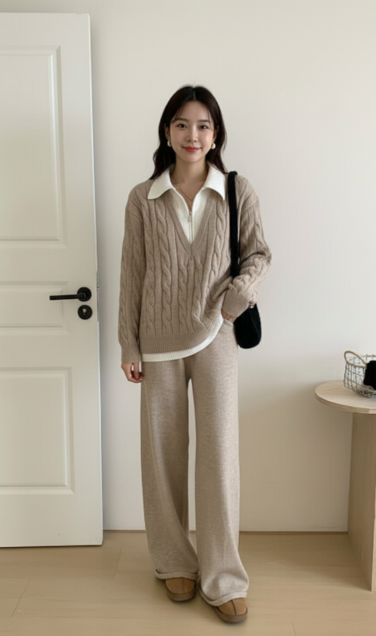 Women's Zipper Winter Beige Coordset