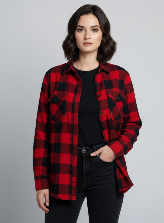Womens Red & Black Drop Shoulder Check Shirt With Pocket Front View