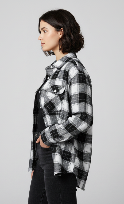 Womens White And Black Drop Shoulder Check Shirt With Pocket Side View
