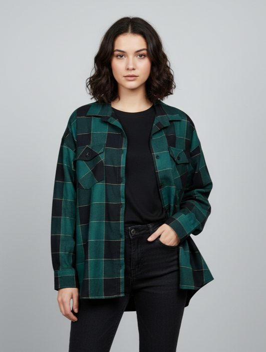 Womens Dark Green Drop Shoulder Check Shirt With Pocket Front View