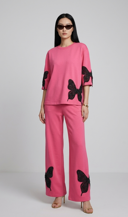 Women's Pink Butterfly Appliqué Free Size Co-ord Set
