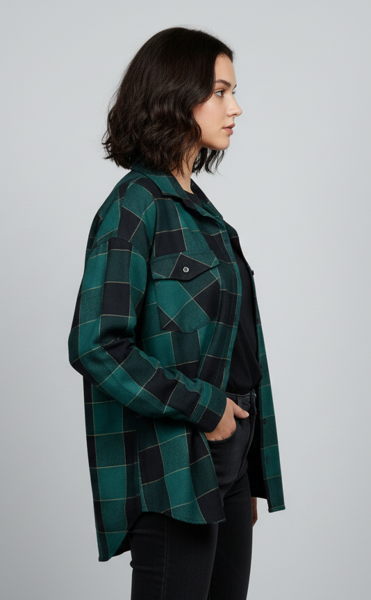 Womens Dark Green Drop Shoulder Check Shirt With Pocket Side View