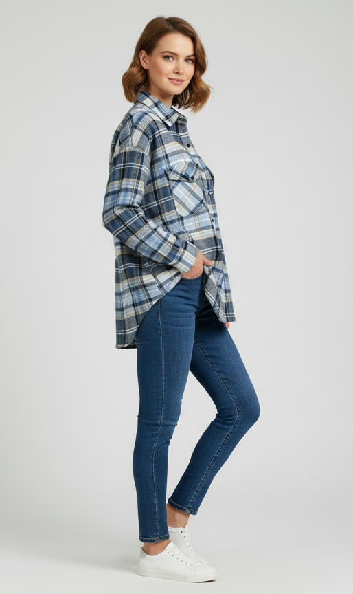 Womens Grey Drop Shoulder Check Shirt With Pocket Side View