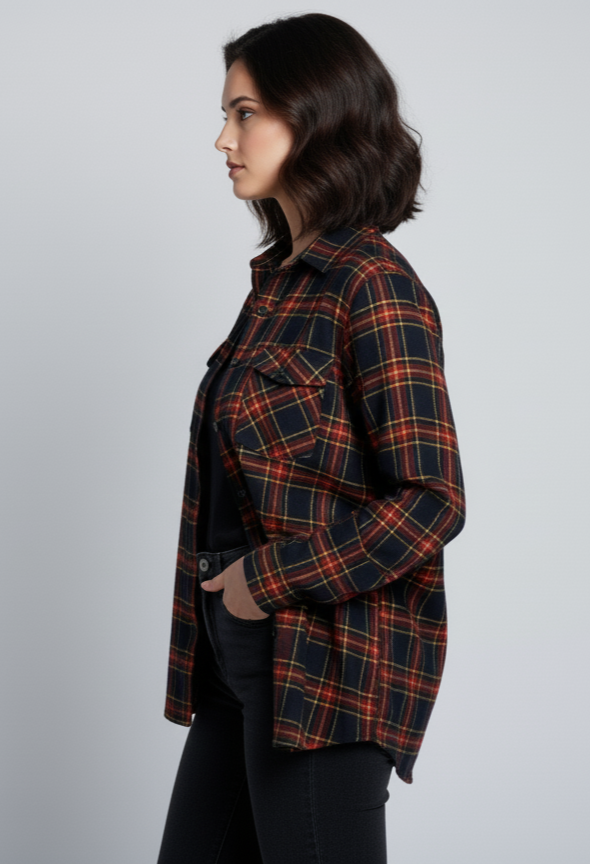 Womens Red & Green Drop Shoulder Check Shirt With Pocket SideView
