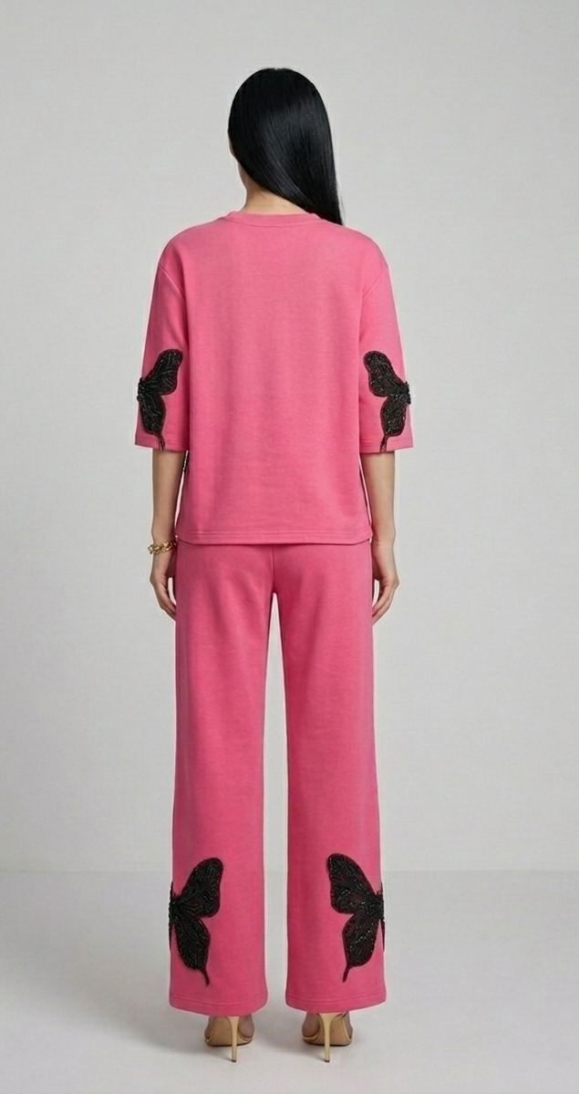 Women's Pink Butterfly Appliqué Free Size Co-ord Set