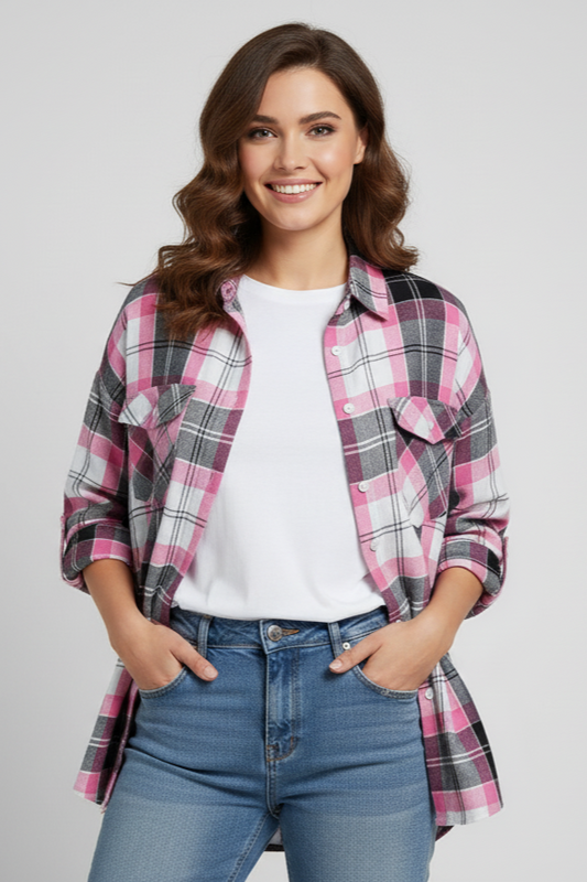 Womens Pink And White Drop Shoulder Check Shirt With Pocket  Front View