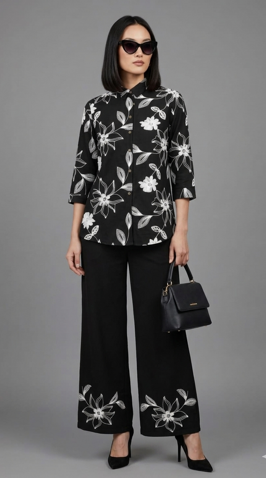 Women's Black Floral Printed Free Size Co-ord Set
