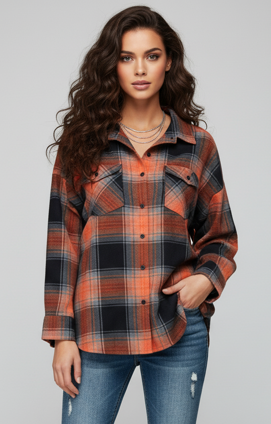Womens Orange Drop Shoulder Check Shirt With Pocket Front View
