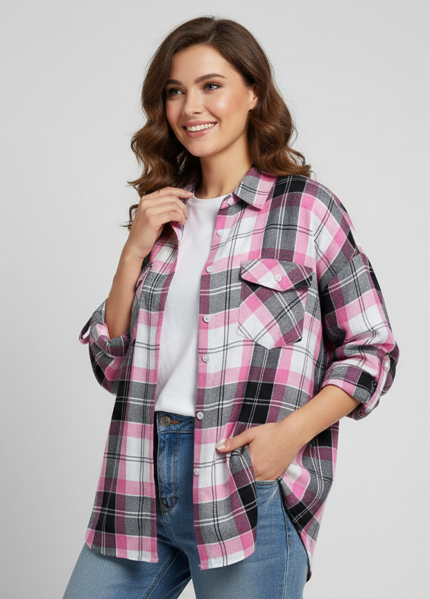 Womens Pink And White Drop Shoulder Check Shirt With Pocket Side View