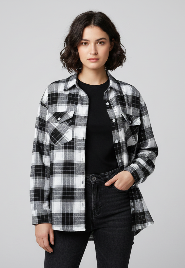 Womens White And Black Drop Shoulder Check Shirt With Pocket Front View