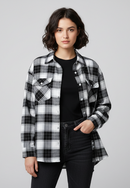 Womens White And Black Drop Shoulder Check Shirt With Pocket Front View