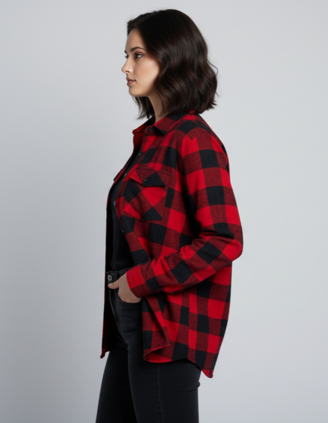 Womens Red & Black Drop Shoulder Check Shirt With Pocket Side View