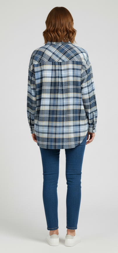 Womens Grey Drop Shoulder Check Shirt With Pocket BackView