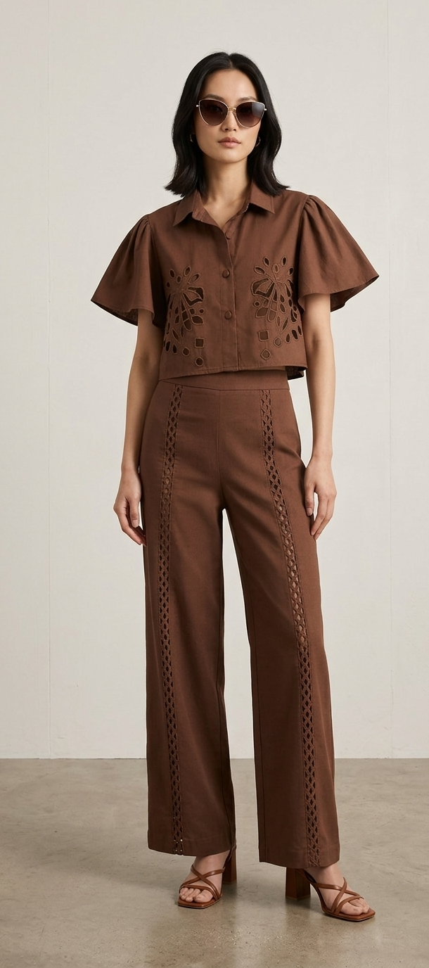 Women's Brown Laser Cut Free Size Co-ord Set