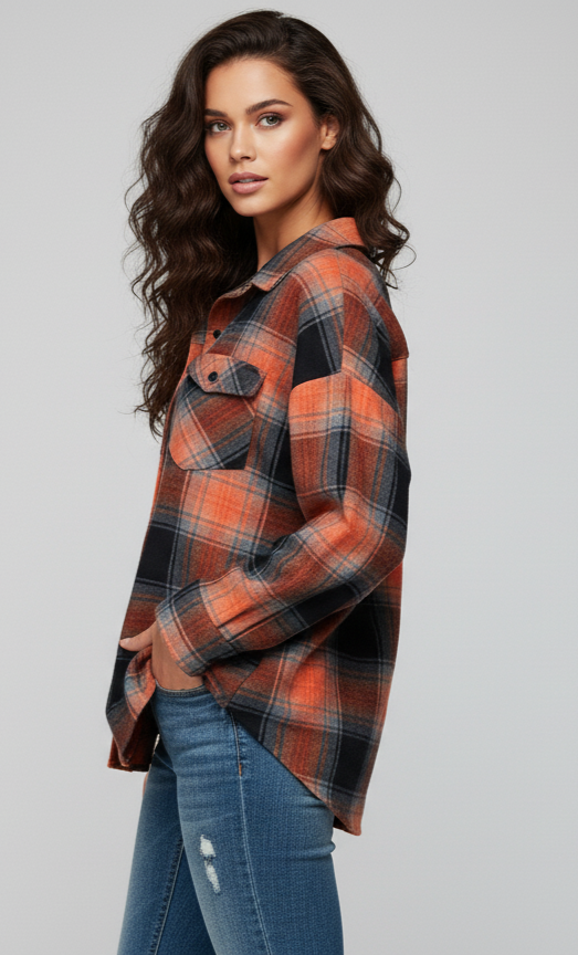 Womens Orange Drop Shoulder Check Shirt With Pocket Side View