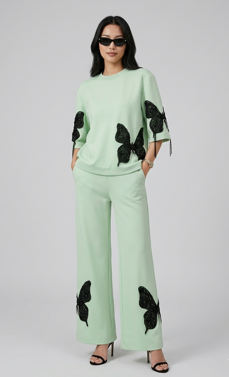 Women's Mint Sage Butterfly Appliqué Free Size Co-ord Set