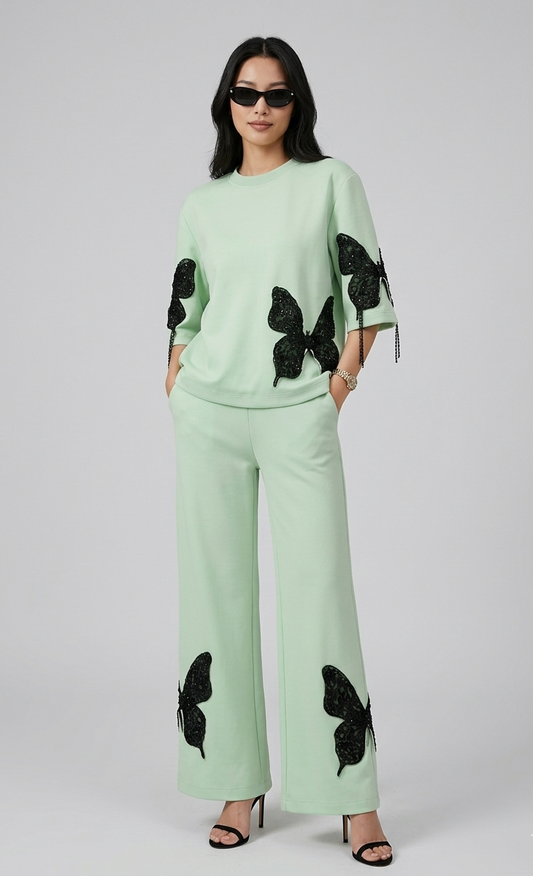 Women's Mint Sage Butterfly Appliqué Free Size Co-ord Set
