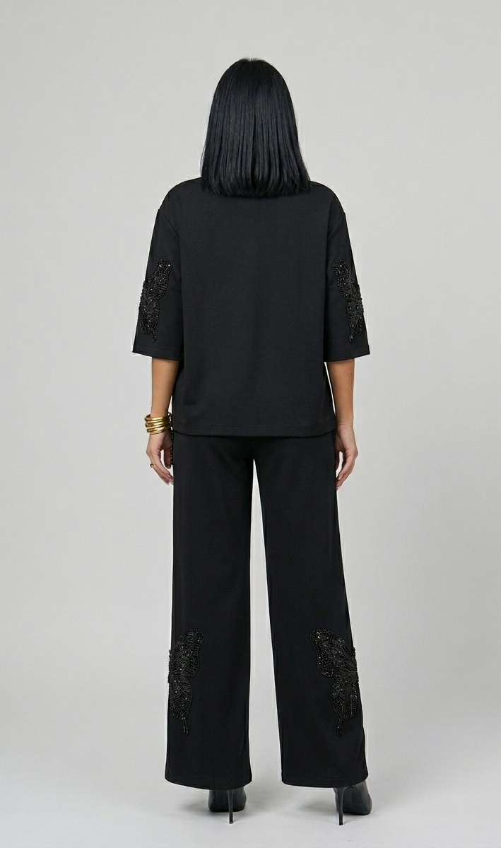 Women's Black Butterfly Appliqué Free Size Co-ord Set