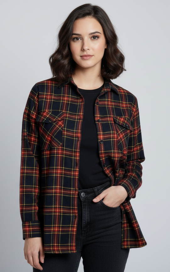 Womens Red & Green Drop Shoulder Check Shirt With Pocket Front View
