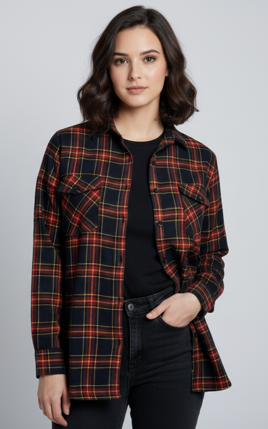 Womens Red & Green Drop Shoulder Check Shirt With Pocket Front View