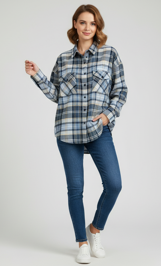Womens Grey Drop Shoulder Check Shirt With Pocket Front View