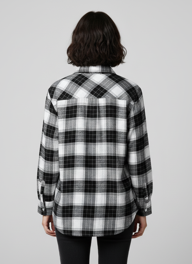Womens White And Black Drop Shoulder Check Shirt With Pocket Back View