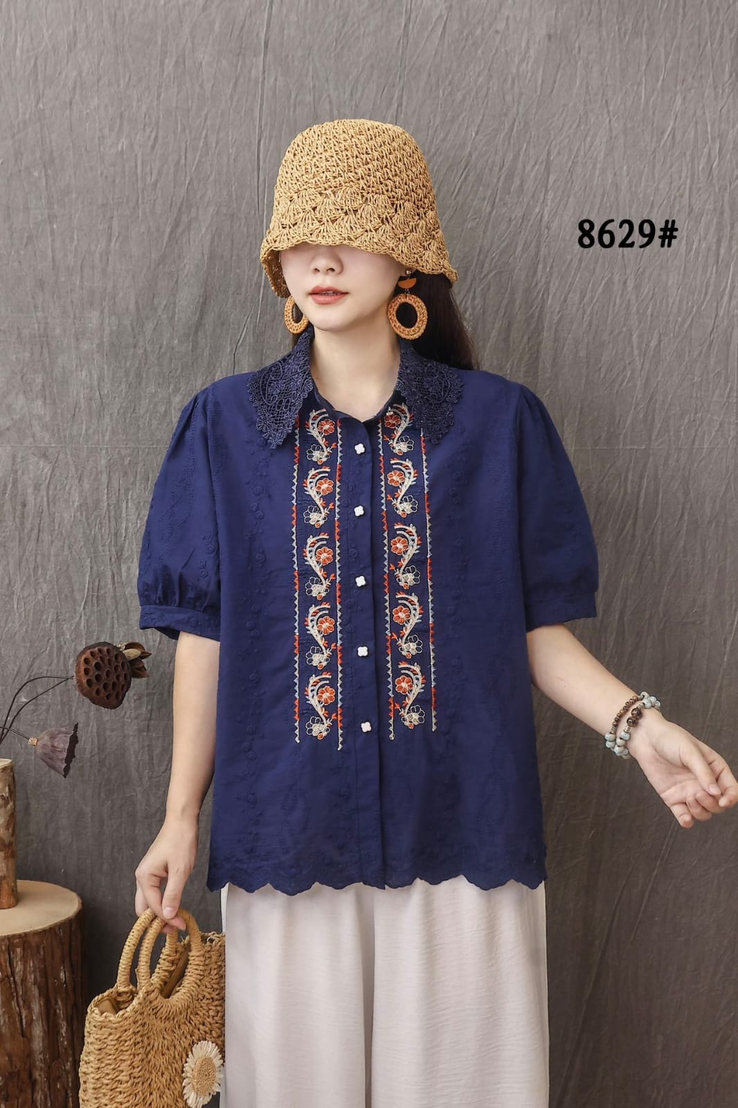 Women’s Cotton Embroidered Lace Collar Top with Button Front