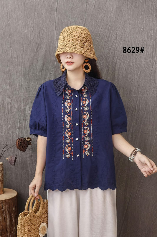 Women’s Cotton Embroidered Lace Collar Top with Button Front