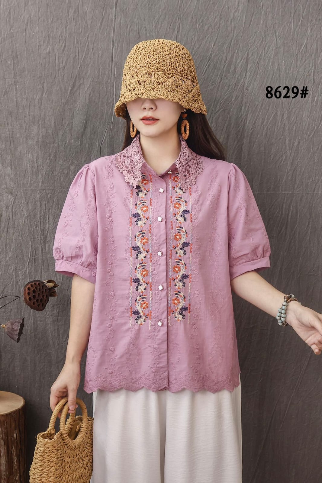 Women’s Cotton Embroidered Lace Collar Top with Button Front