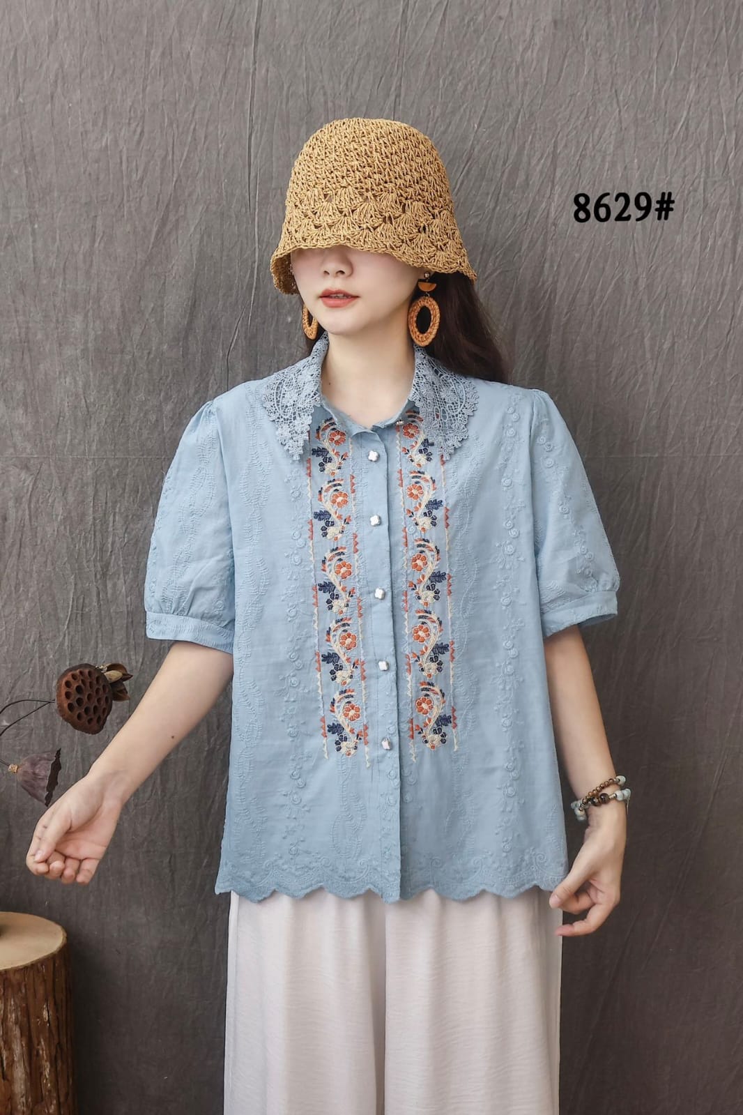 Women’s Cotton Embroidered Lace Collar Top with Button Front
