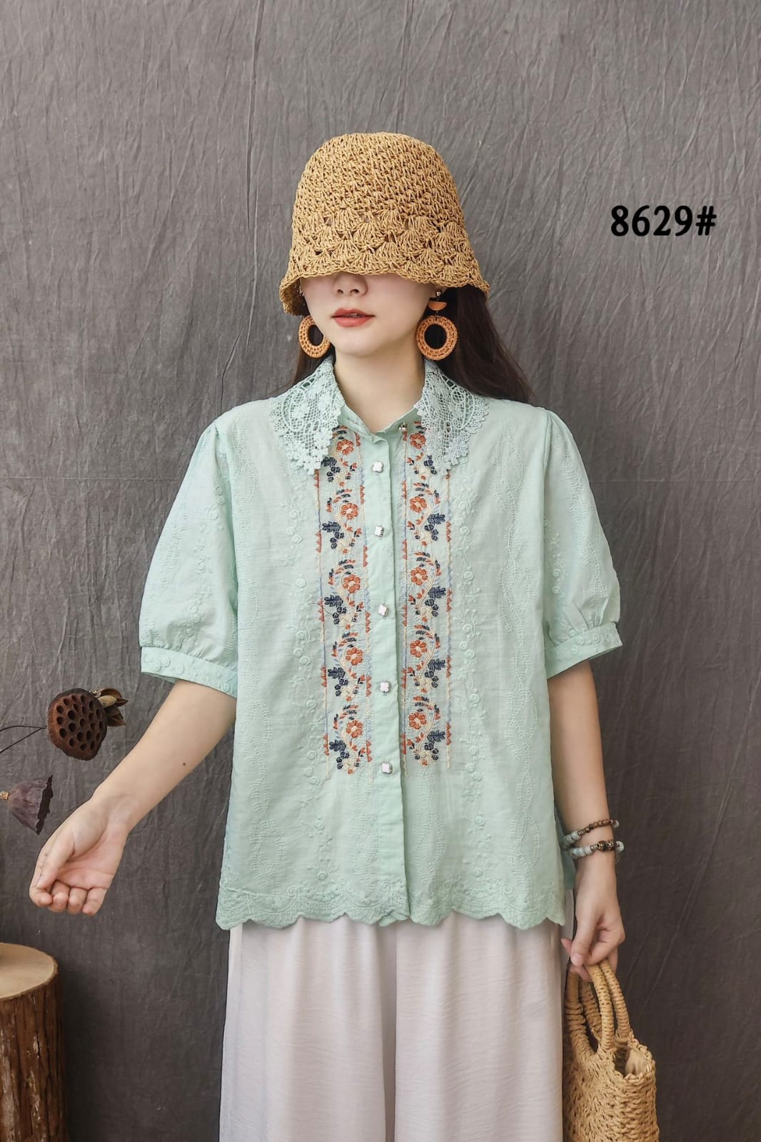 Women’s Cotton Embroidered Lace Collar Top with Button Front