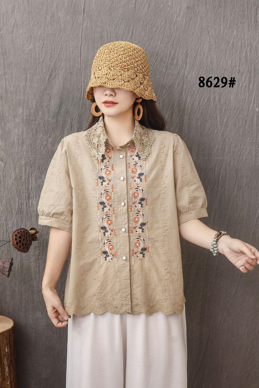 Women’s Cotton Embroidered Lace Collar Top with Button Front
