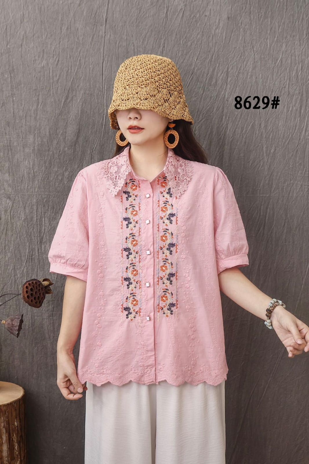 Women’s Cotton Embroidered Lace Collar Top with Button Front