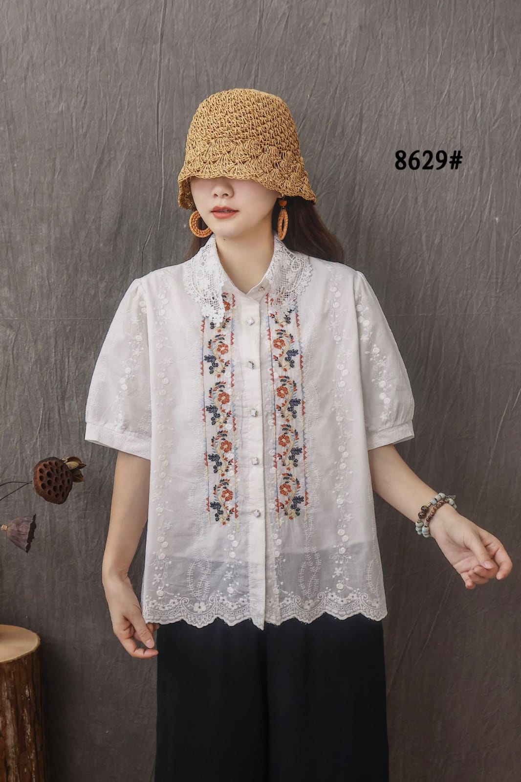 Women’s Cotton Embroidered Lace Collar Top with Button Front