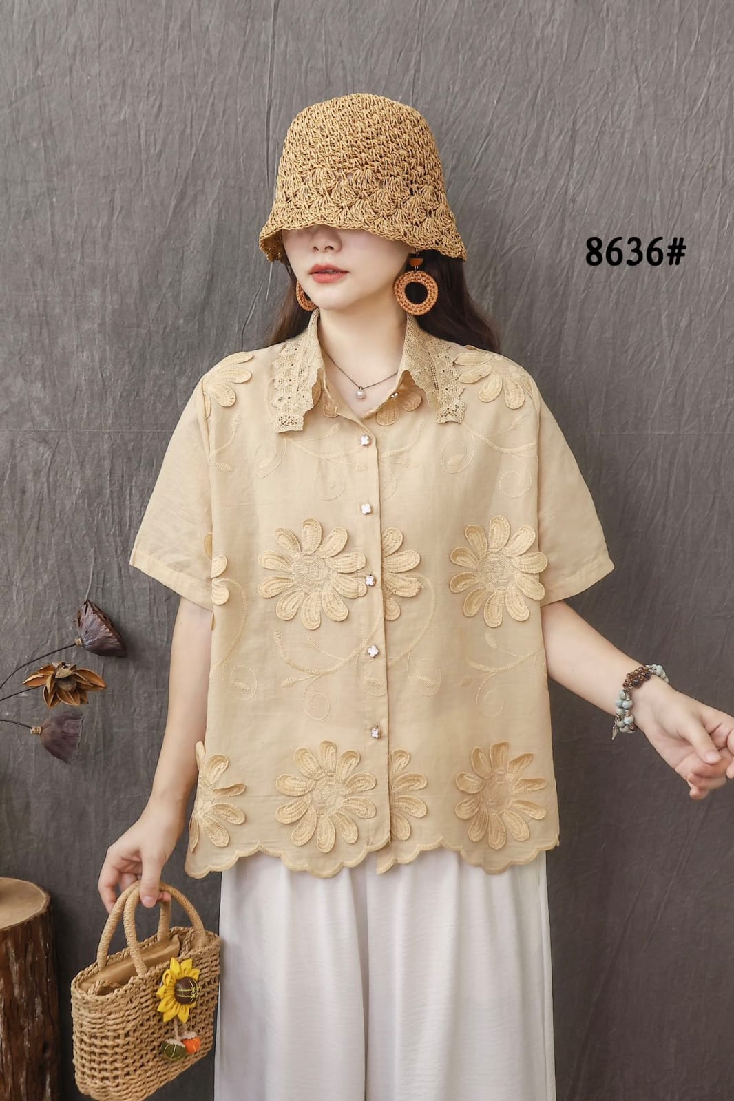 Women’s Half Sleeved 3D Flowers,Lace Collar Top with Front Buttons