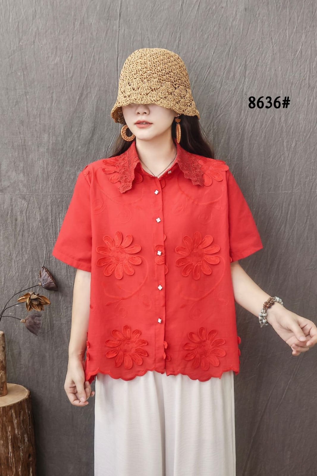 Women’s Half Sleeved 3D Flowers,Lace Collar Top with Front Buttons