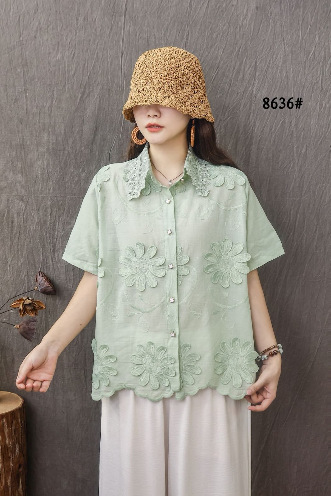 Women’s Half Sleeved 3D Flowers,Lace Collar Top with Front Buttons