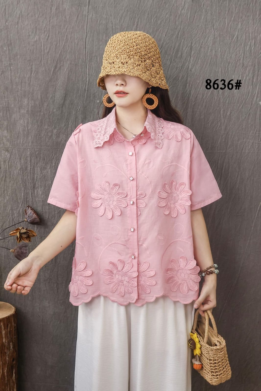Women’s Half Sleeved 3D Flowers,Lace Collar Top with Front Buttons
