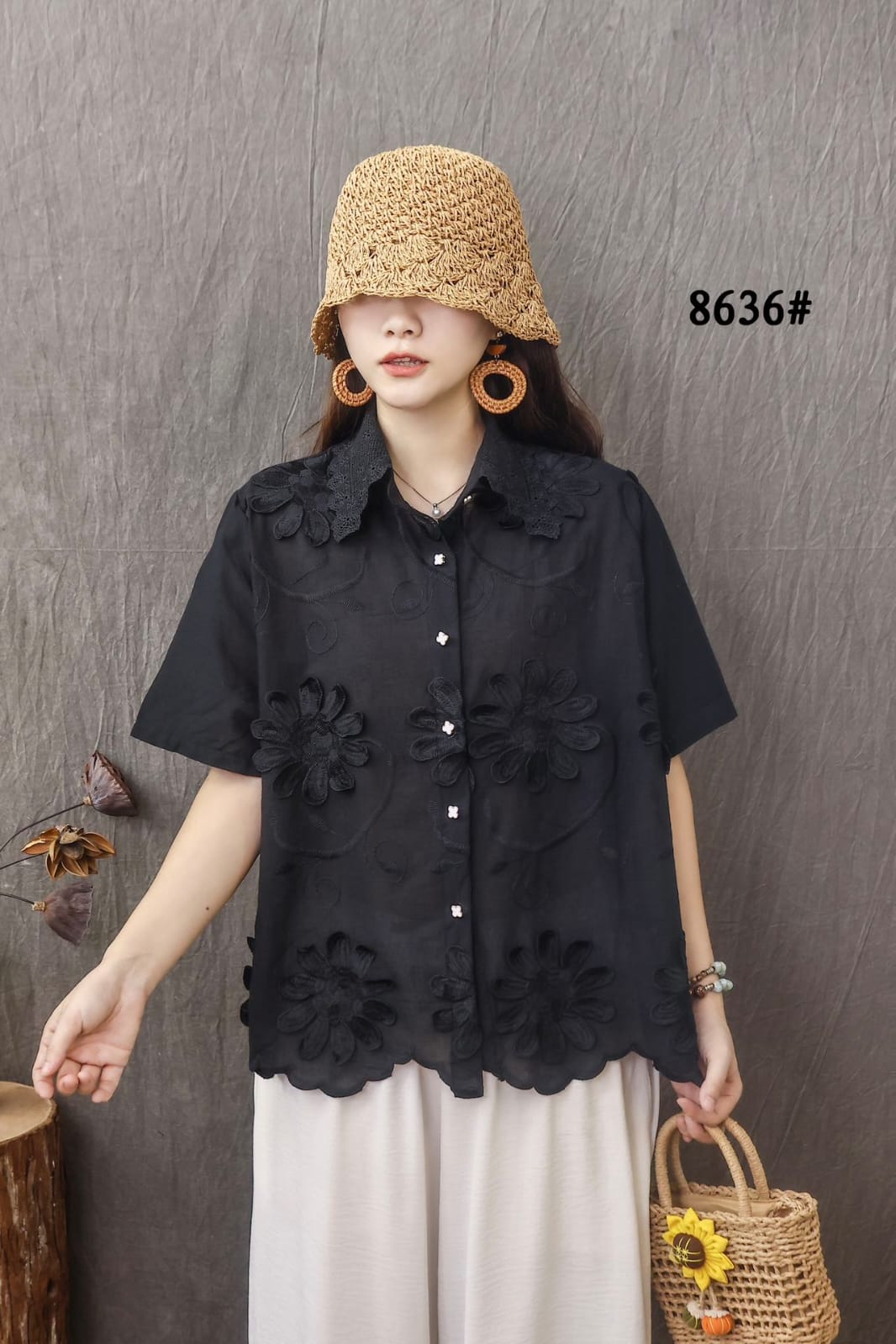 Women’s Half Sleeved 3D Flowers,Lace Collar Top with Front Buttons