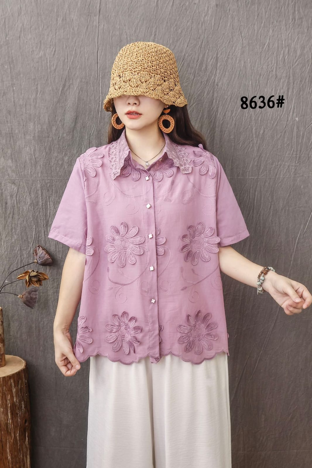 Women’s Half Sleeved 3D Flowers,Lace Collar Top with Front Buttons