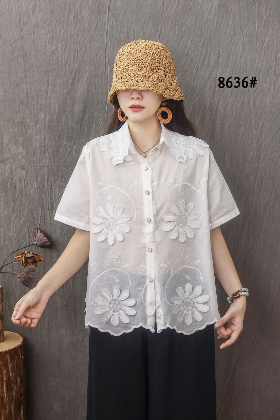 Women’s Half Sleeved 3D Flowers,Lace Collar Top with Front Buttons