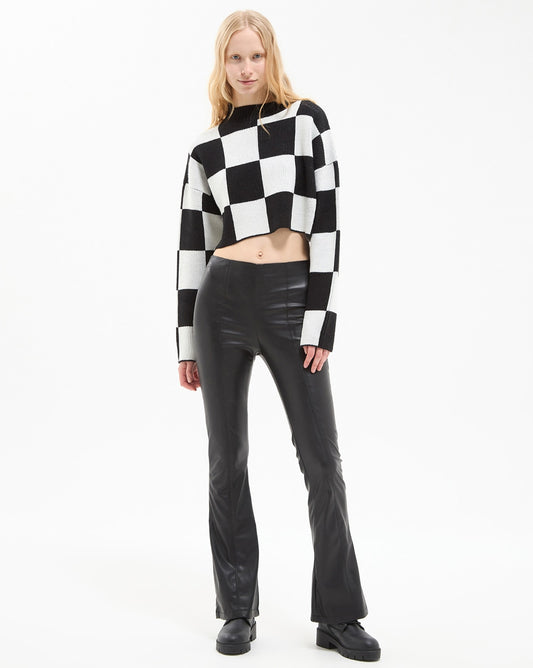 Womens Black & White Checked High-Neck Crop Sweater Front View