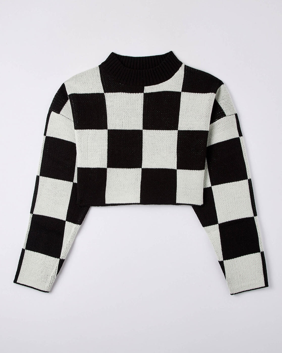 Womens Black & White Checked High-Neck Crop Sweater Front View