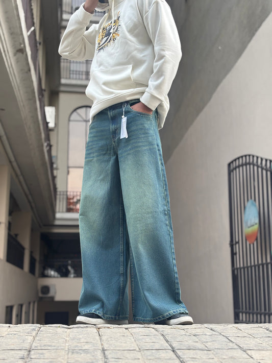 Men's Super Baggy Wide Leg Vintage Light Bluishgreen Wash Jeans FIt View