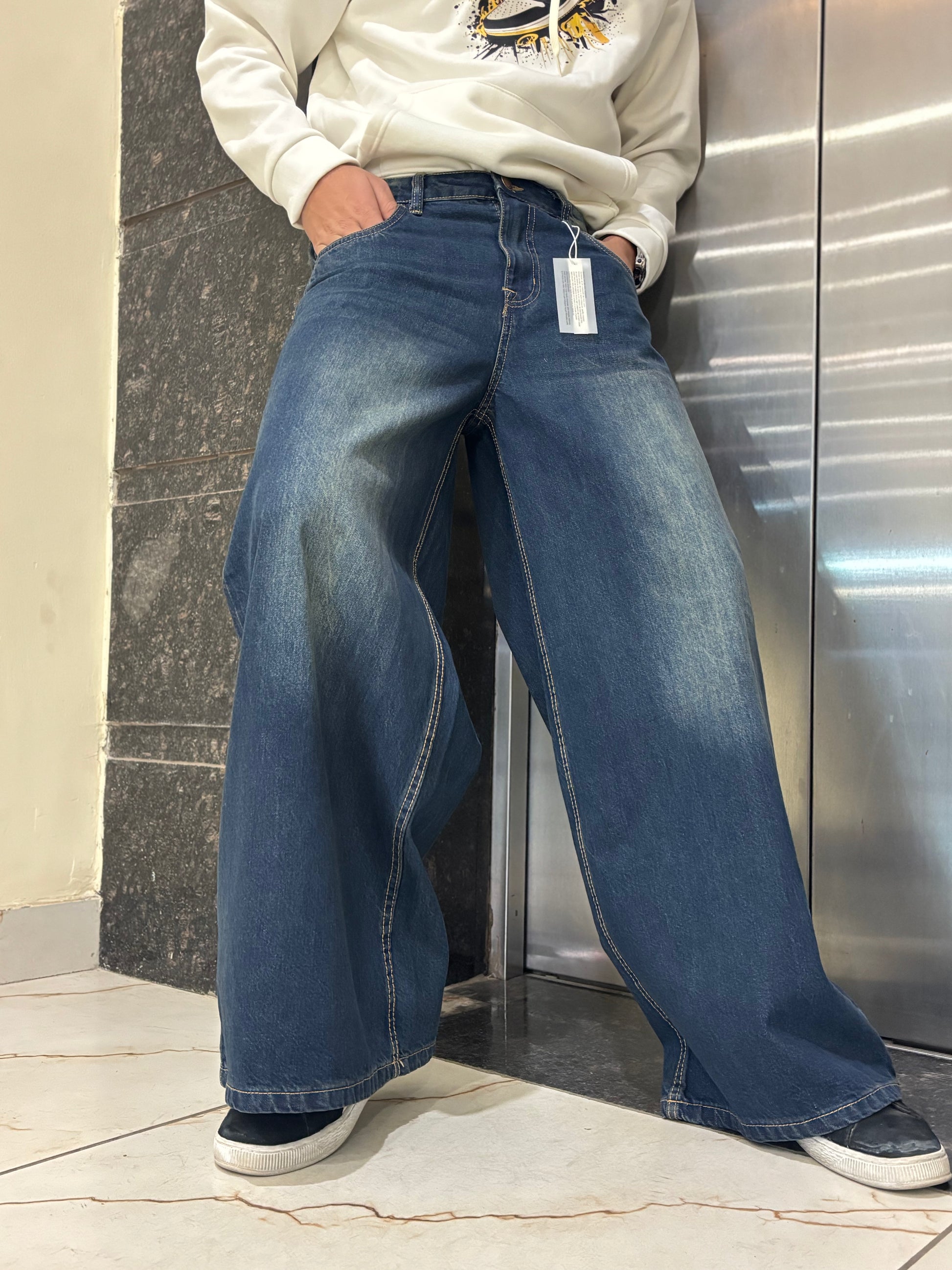 Men's Super Baggy Wide Leg Vintage Dark Bluish Green Jeans side view