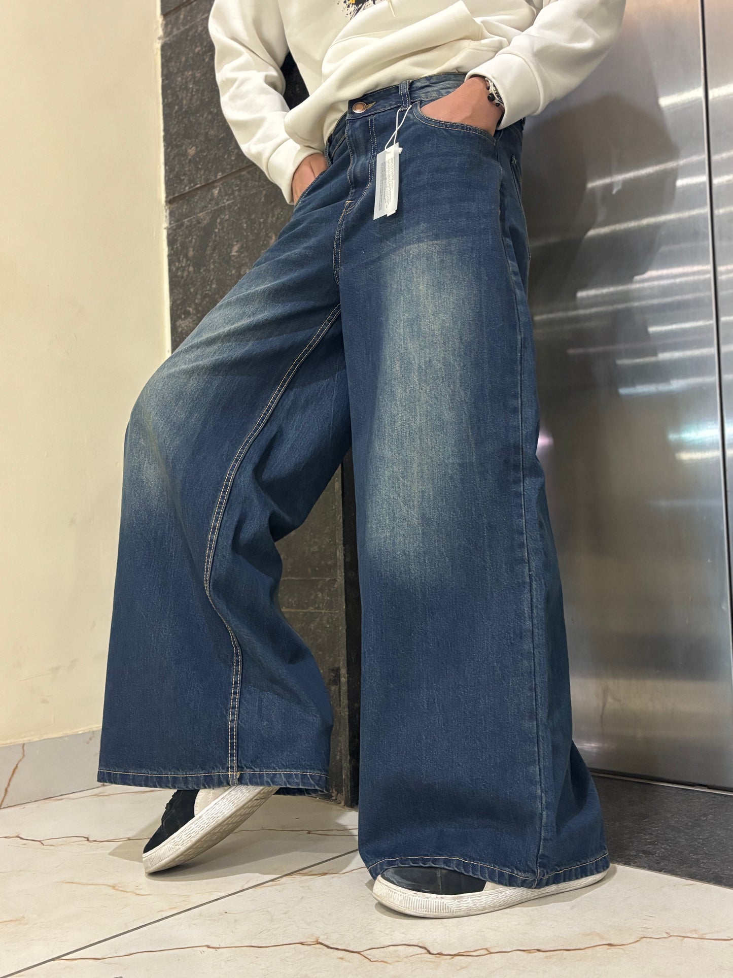 Men's Super Baggy Wide Leg Vintage Dark Bluish Green Jeans fit view