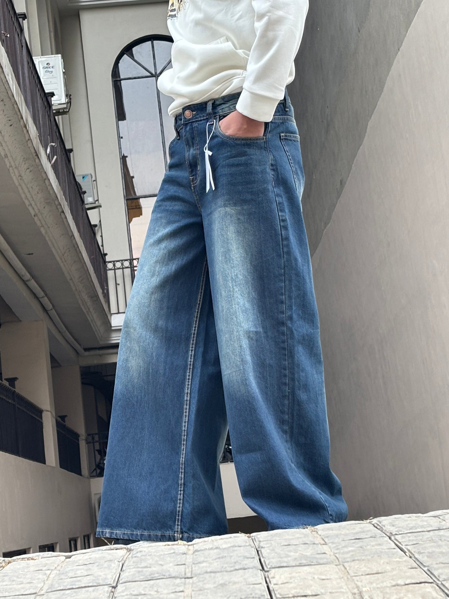 Men's Super Baggy Wide Leg Vintage Dark Bluish Green Jeans right side view